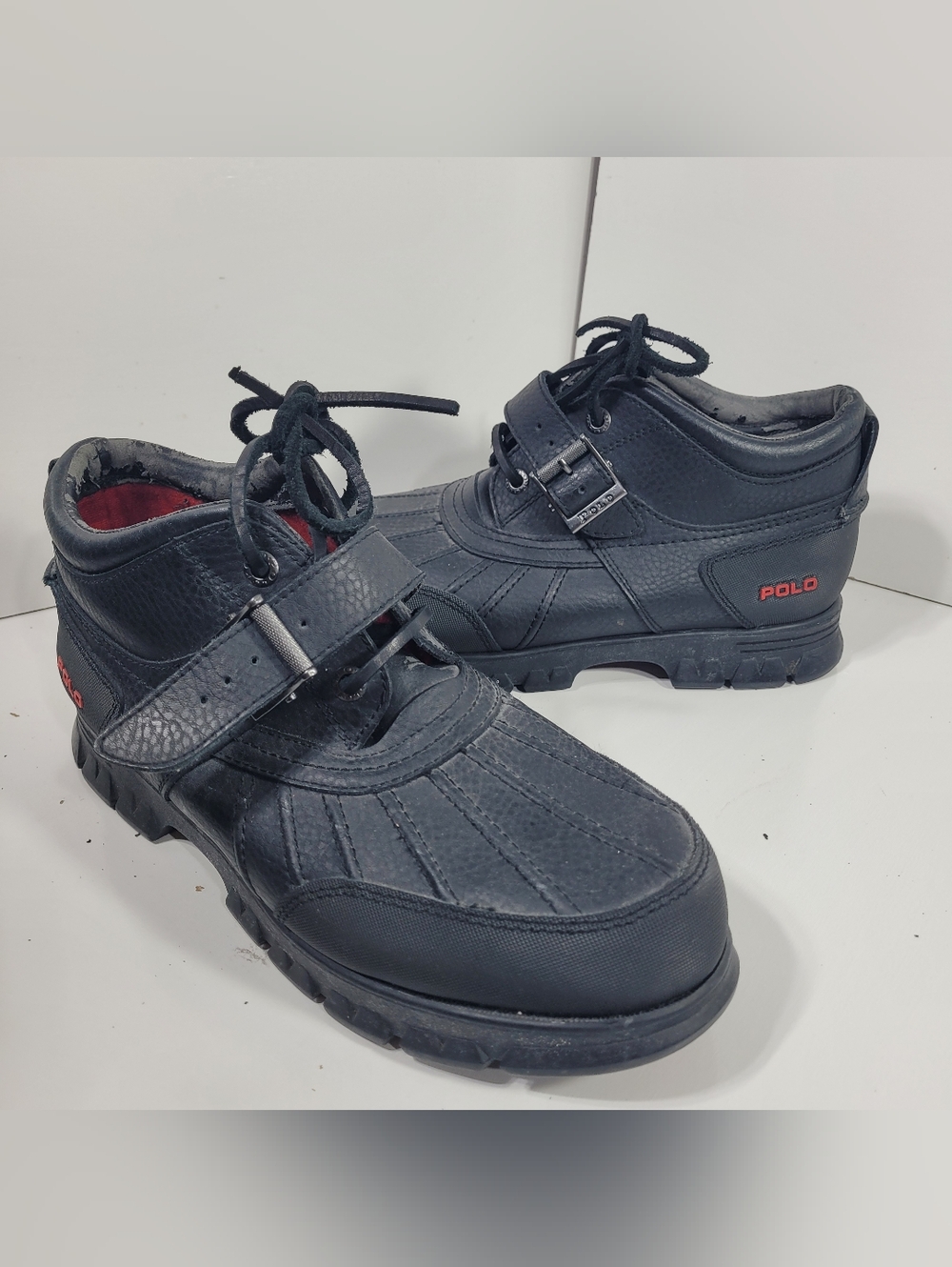 Polo Ralph Lauren Dover III Black Leather Duck Boots Mens Size 10.5 Buckle Strap